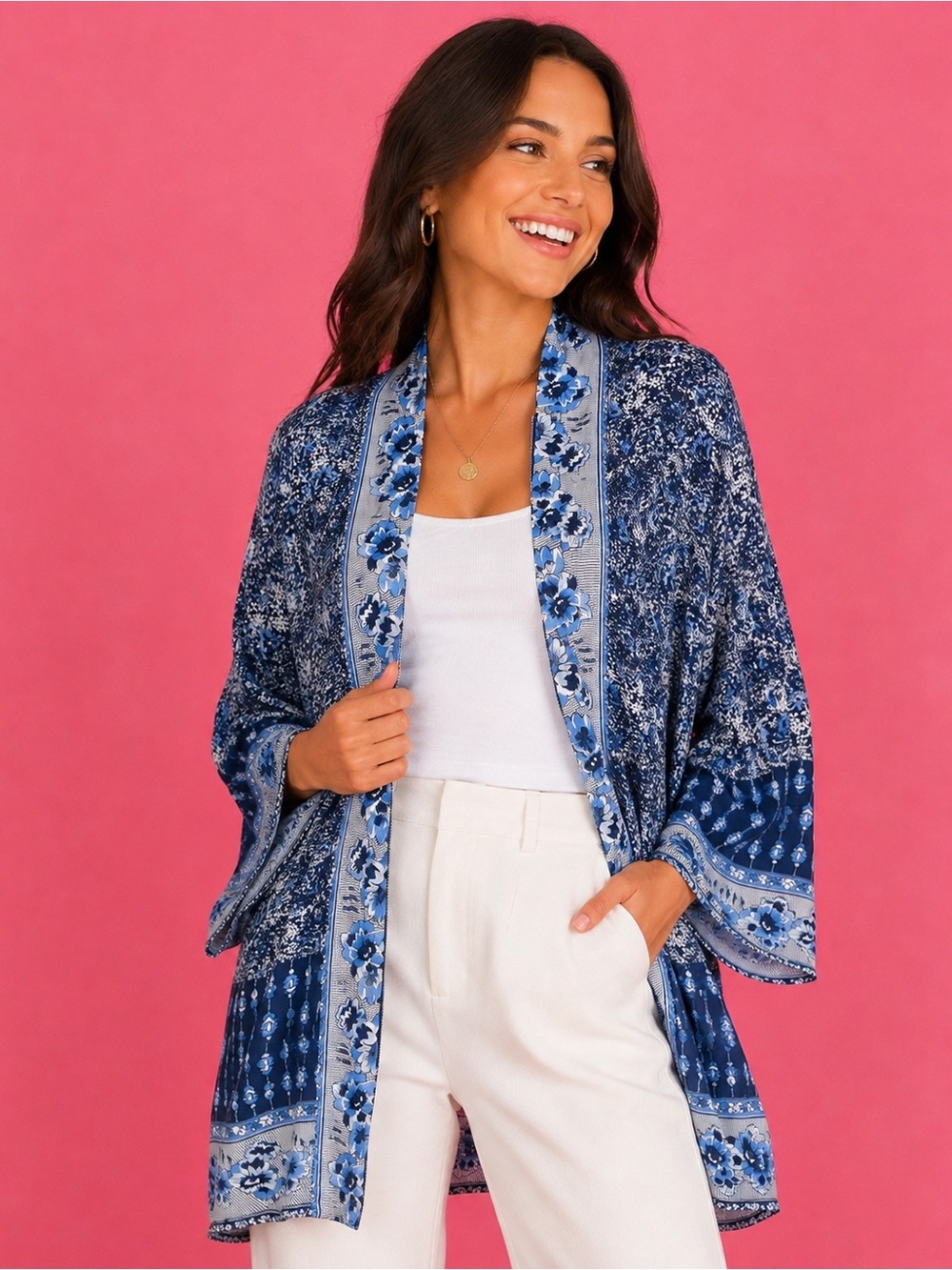 Wild Blue Floral Open-Front Kimono
